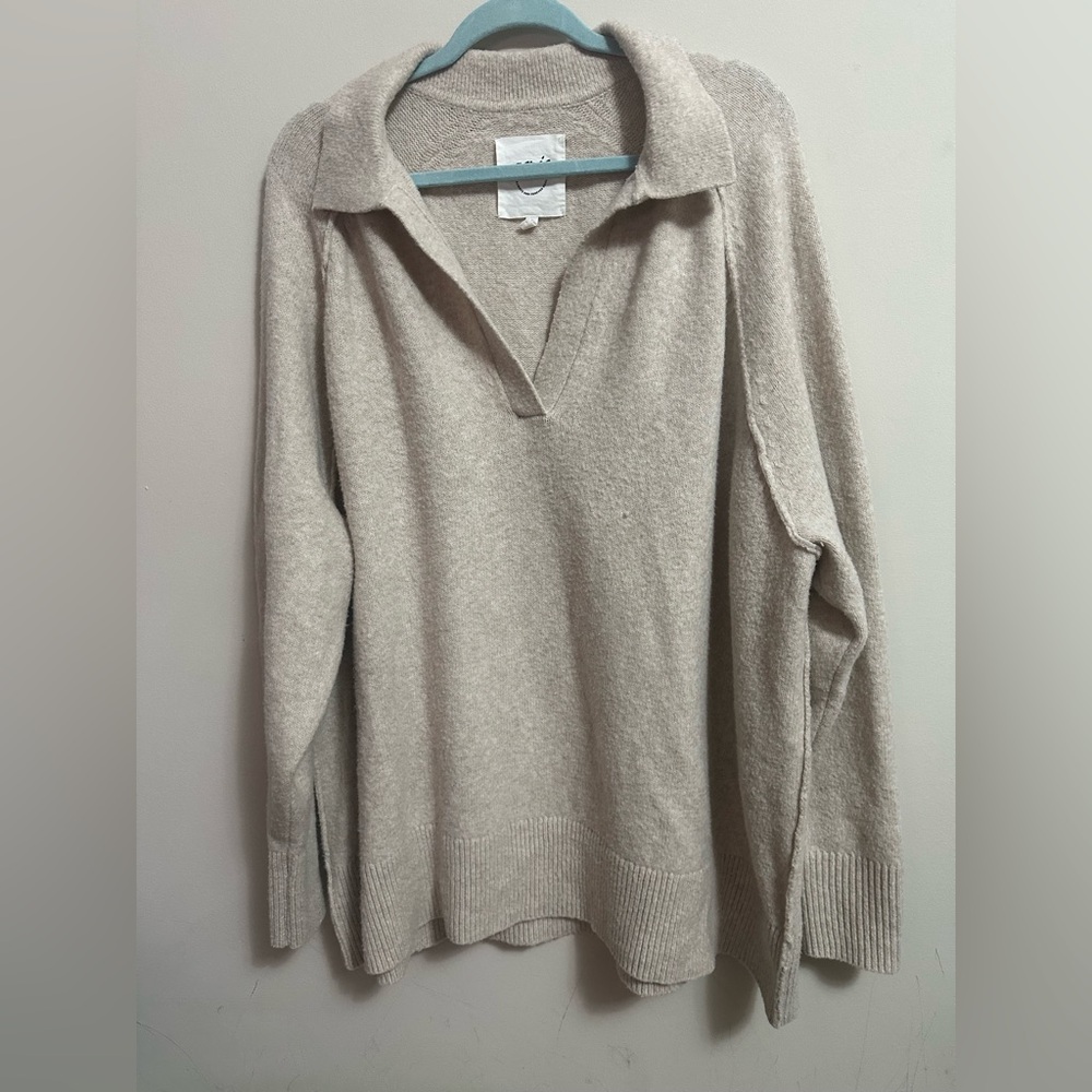 Aerie Soft Knit Collared V-Neck Sweater Light Gray Size XL